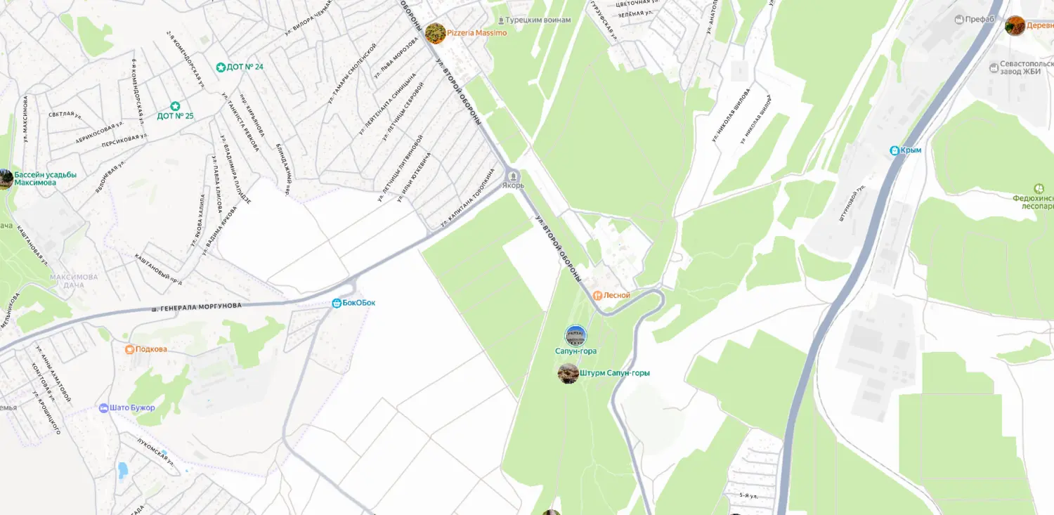 Скриншот картографического сервиса с видом на территорию микрорайона Сапун-гора и окружающей возвышенности в Севастополе