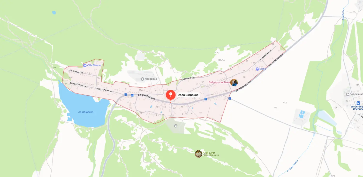 Скриншот картографического сервиса с видом на обширные территории села Широкое и прилегающие земли в Севастополе