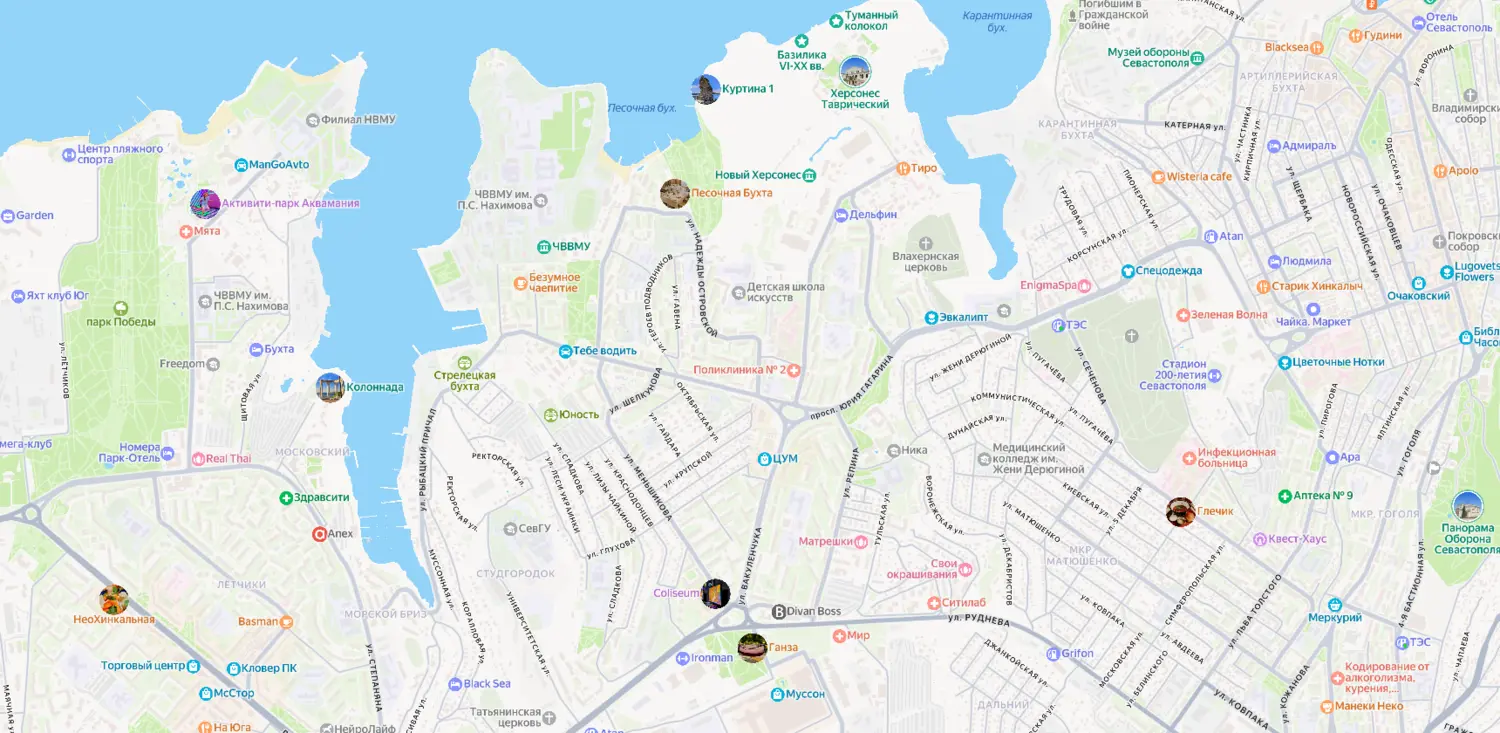 Скриншот картографического сервиса с видом на территорию микрорайона Стрелецкая и Стрелецкой бухты в Севастополе