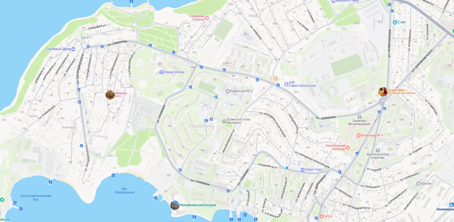 Карта-схема расположения микрорайона Радиогорка в Нахимовском районе Севастополя.