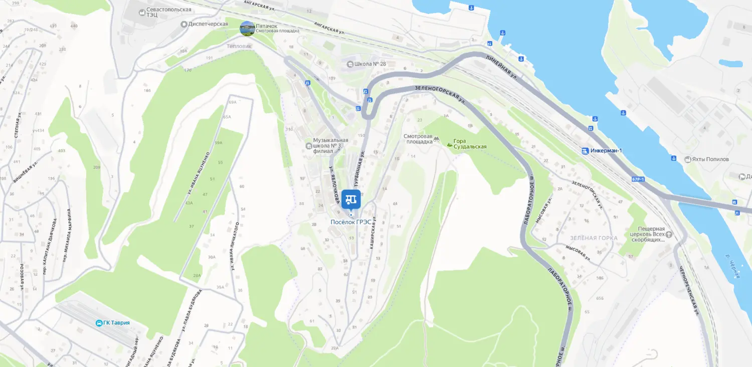 Скриншот картографического сервиса с видом на территорию микрорайона ГРЭС и близлежащего побережья в Севастополе