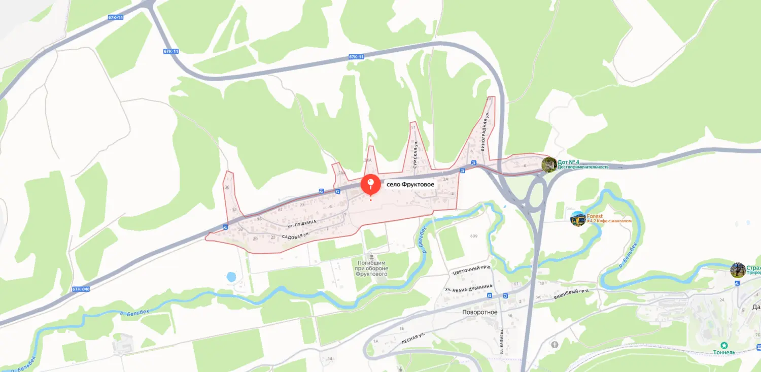 Скриншот картографического сервиса с видом на территорию села Фруктовое и окружающей местности в Севастополе