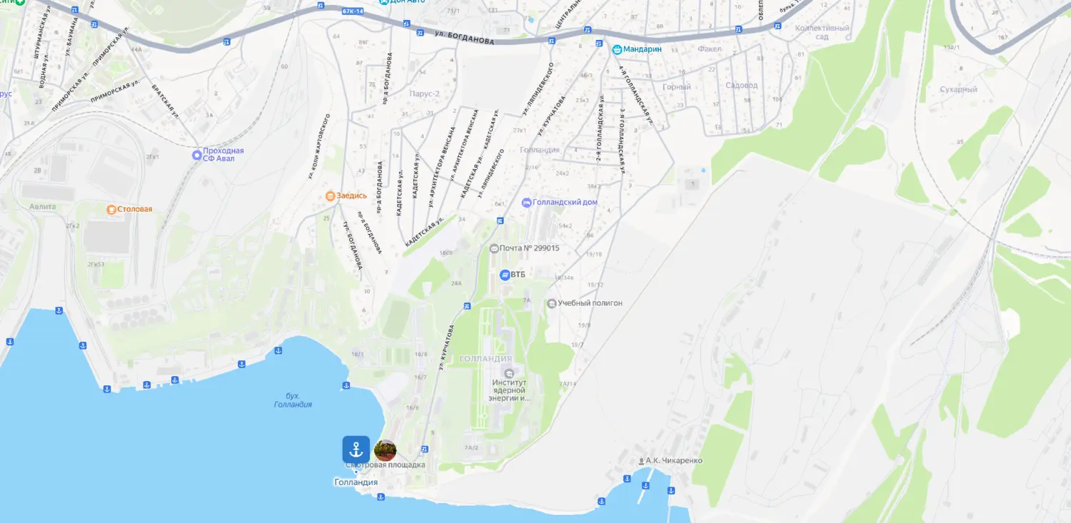 Скриншот картографического сервиса с видом на территорию микрорайона Голландия и его кампуса в Севастополе
