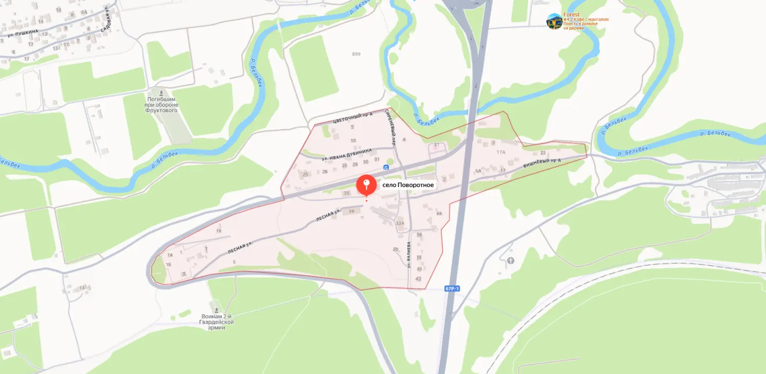 Скриншот картографического сервиса с видом на территорию села Поворотное и окружающей местности в Севастополе