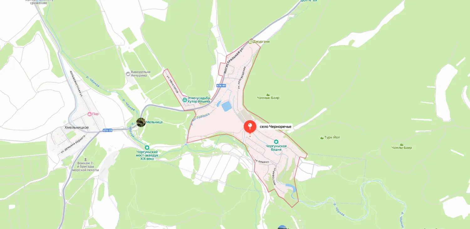 Карта-схема расположения села Черноречье в Балаклавском районе Севастополя.