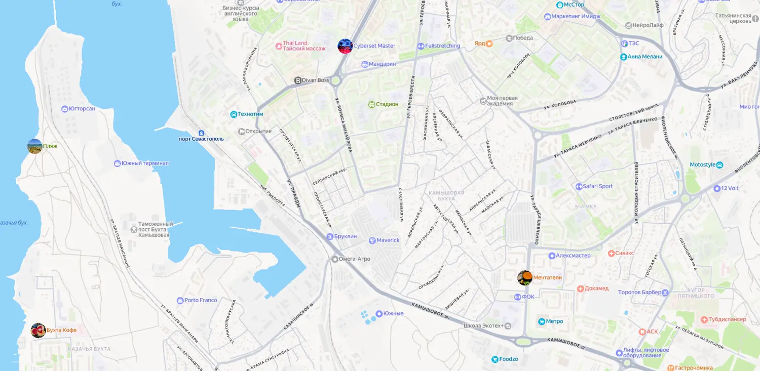 Скриншот картографического сервиса с видом на территорию микрорайона Камышовая и прибрежной линии в Севастополе