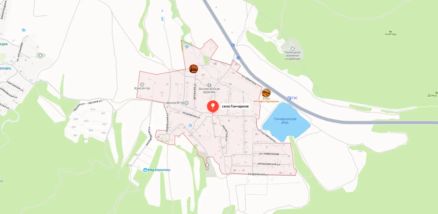 Скриншот картографического сервиса с видом на территорию села Гончарное и окружающей местности в Севастополе
