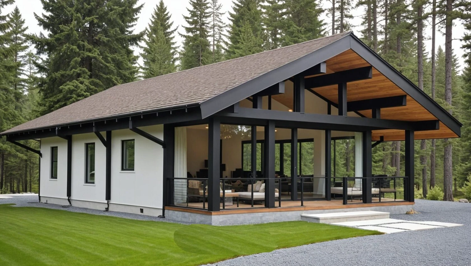 Архитектурная визуализация готового фахверкового дома с панорамным остеклением и видимым деревянным каркасом.