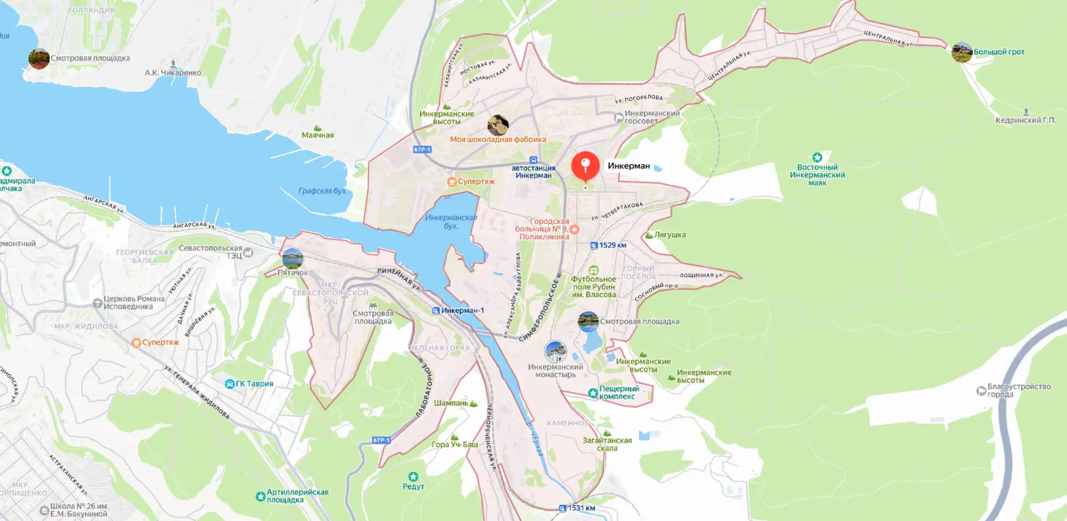 Карта-схема расположения города Инкерман в Балаклавском районе Севастополя.