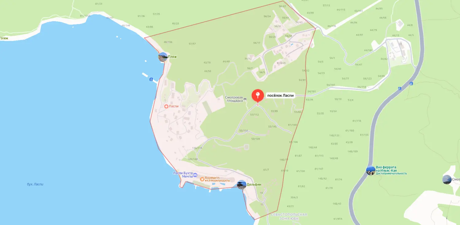 Карта-схема расположения поселка Ласпи в Балаклавском районе Севастополя.