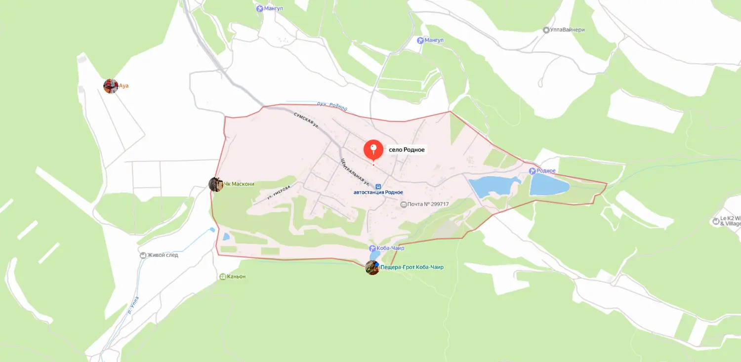 Скриншот картографического сервиса с видом на территорию села Родное и окружающей местности в Севастополе