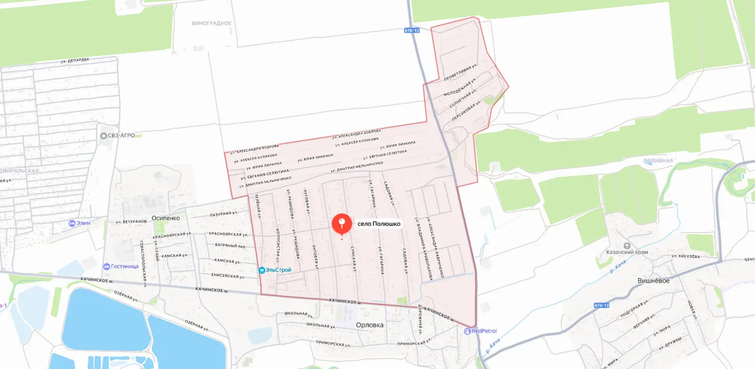 Карта-схема расположения села Полюшко в Нахимовском районе Севастополя.