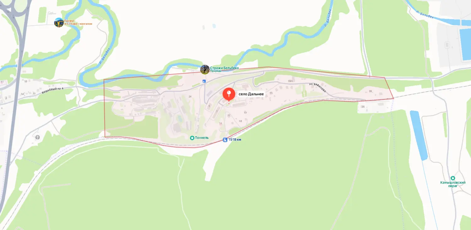 Скриншот картографического сервиса с видом на удаленную территорию села Дальнее и окружающую местность в Севастополе