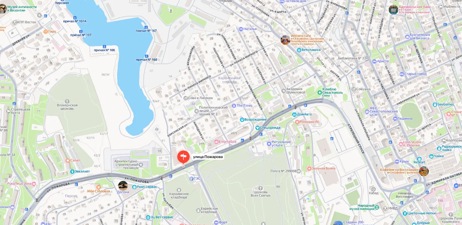 Карта-схема расположения микрорайона Пожарова в Ленинском районе Севастополя.