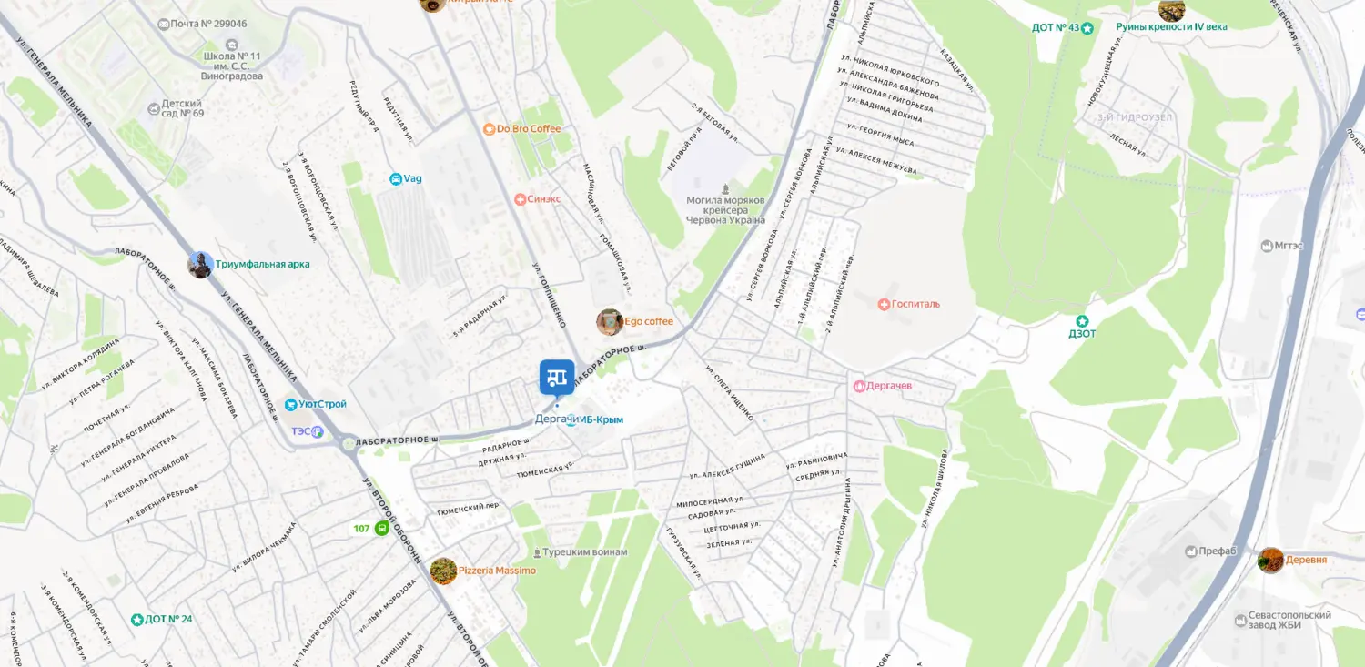 Карта-схема расположения микрорайона Дергачи в Нахимовском районе Севастополя.