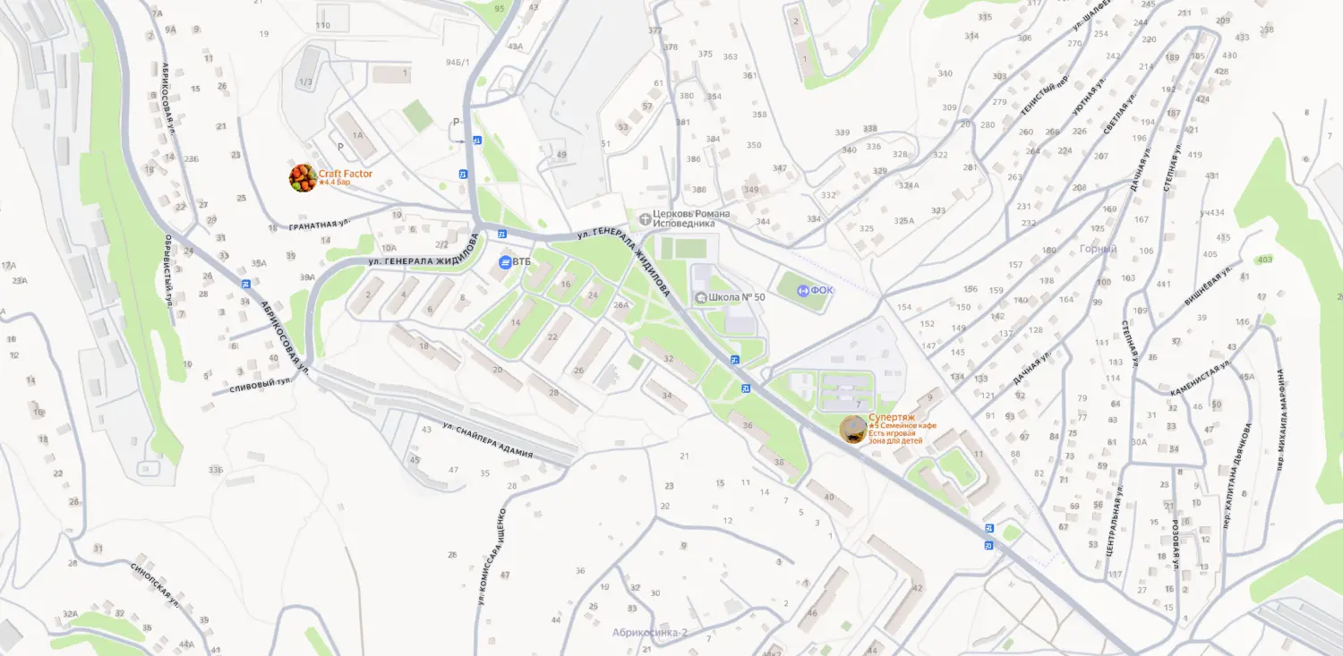 Скриншот картографического сервиса с видом на территорию микрорайона Жидилова и его побережья в Севастополе