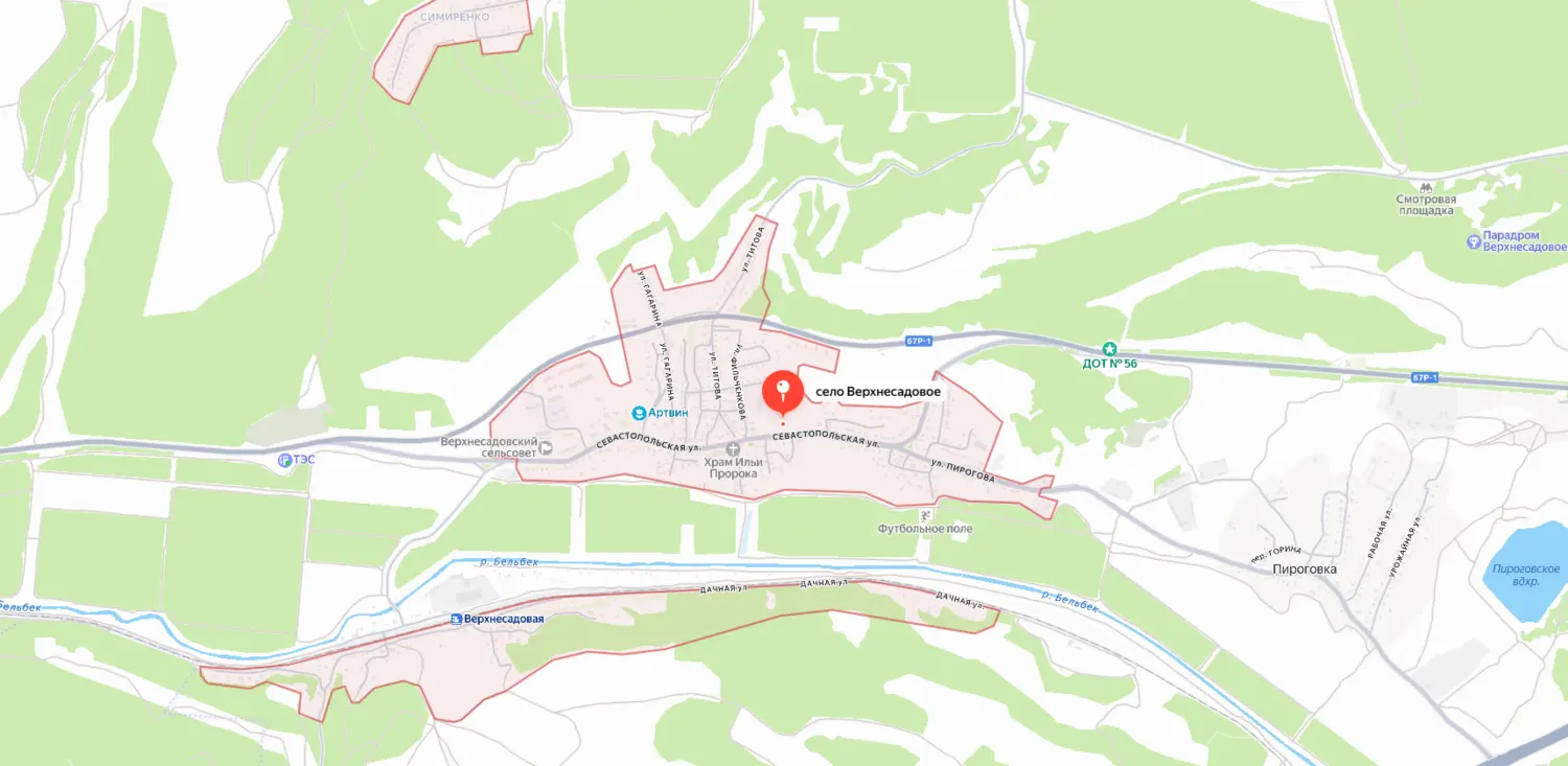 Скриншот картографического сервиса с видом на территорию села Верхнесадовое и окружающей местности в Севастополе