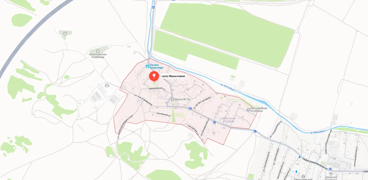 Скриншот картографического сервиса с видом на территорию села Фронтовое и окружающей местности в Севастополе