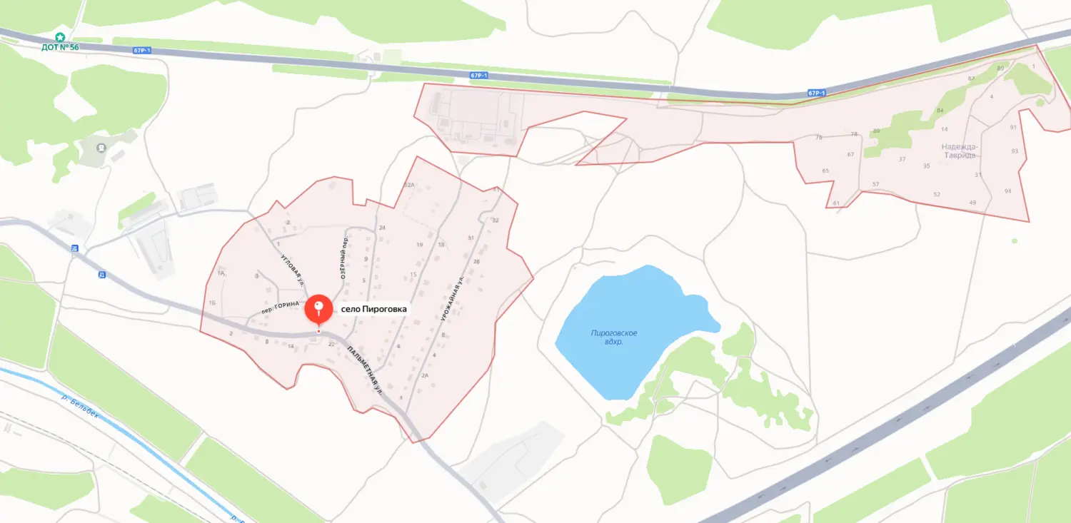 Скриншот картографического сервиса с видом на территорию села Пироговка и окружающих полей в Севастополе
