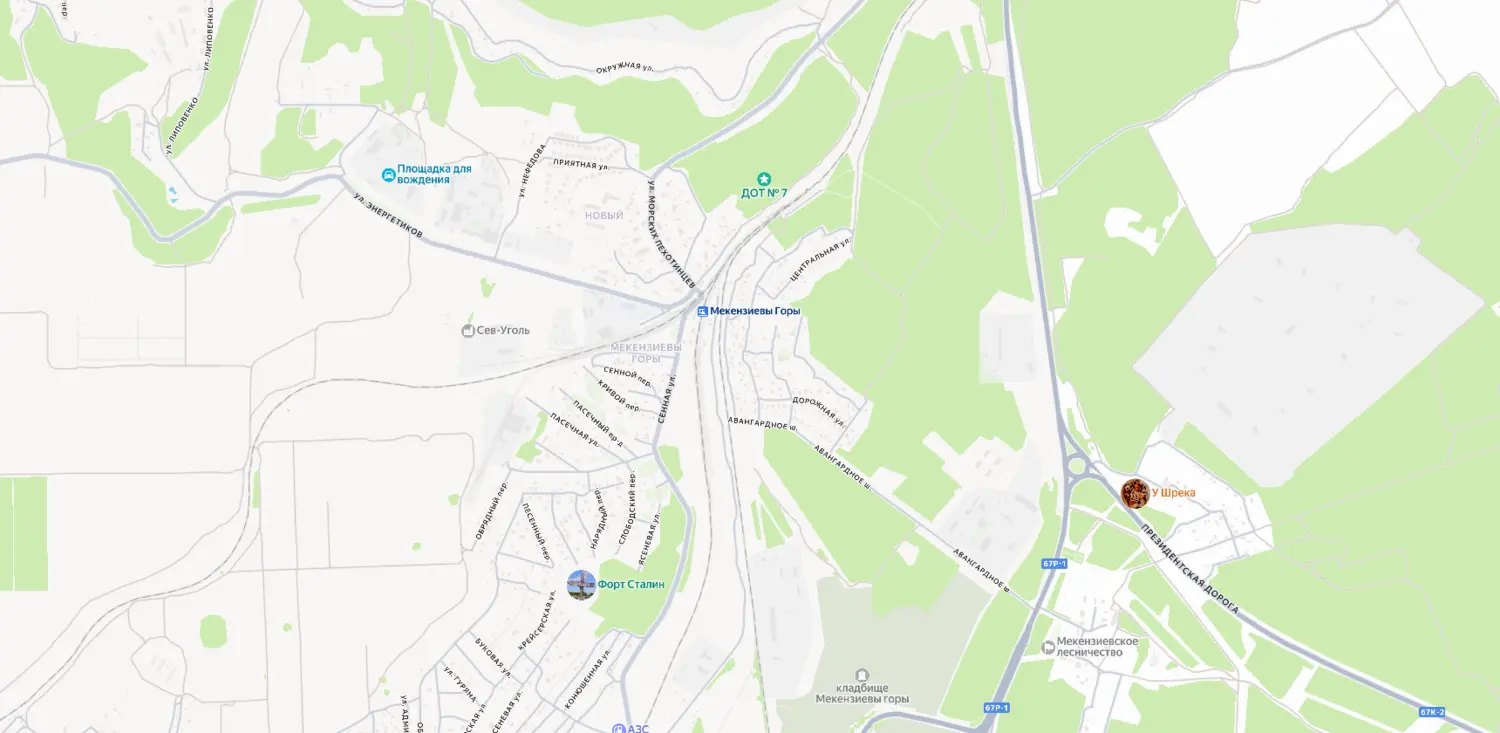 Скриншот картографического сервиса с видом на лесопарковую зону Мекензиевы горы и прилегающие территории в Севастополе