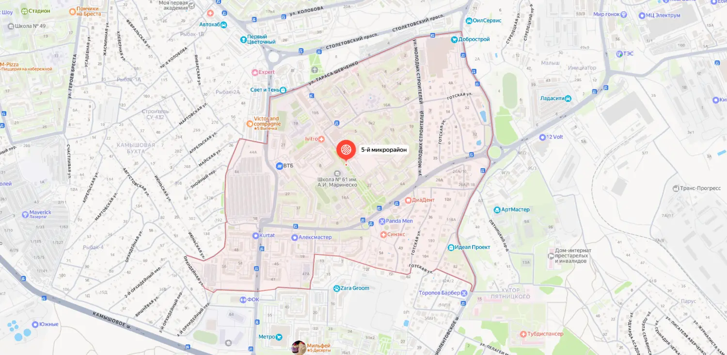 Карта-схема расположения 5-го микрорайона в Гагаринском районе Севастополя.