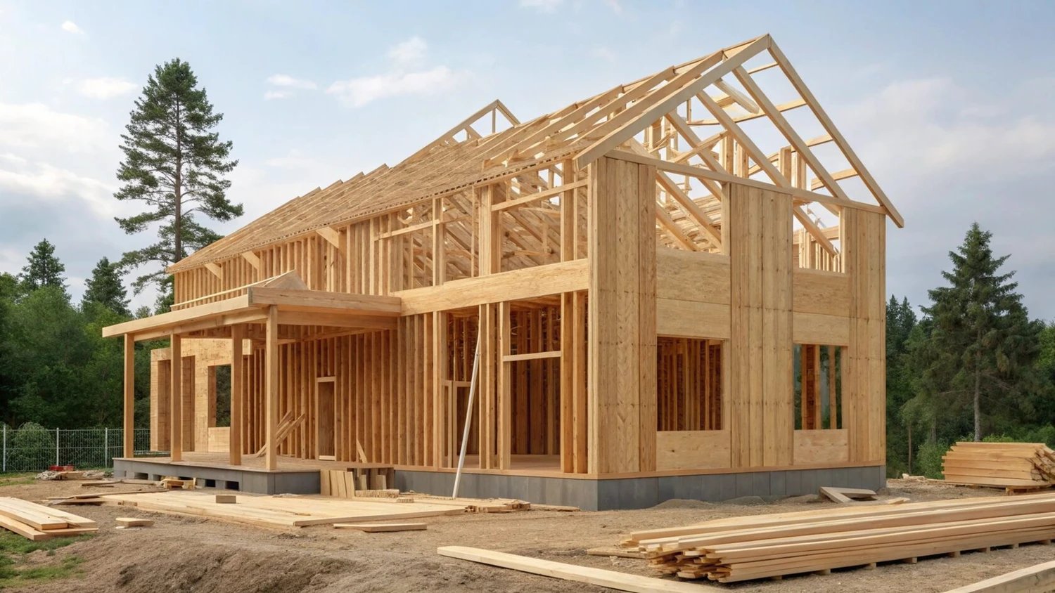 Смонтированный деревянный каркас стен и перекрытий одноэтажного каркасного дома в процессе строительства в Севастополе