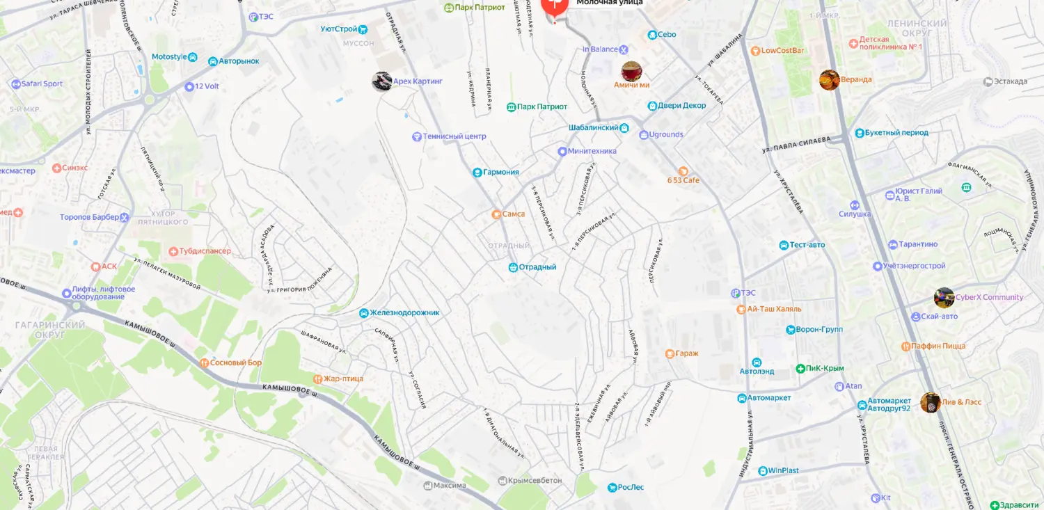 Скриншот картографического сервиса с видом на территорию микрорайона Молочка в Гагаринском районе Севастополя