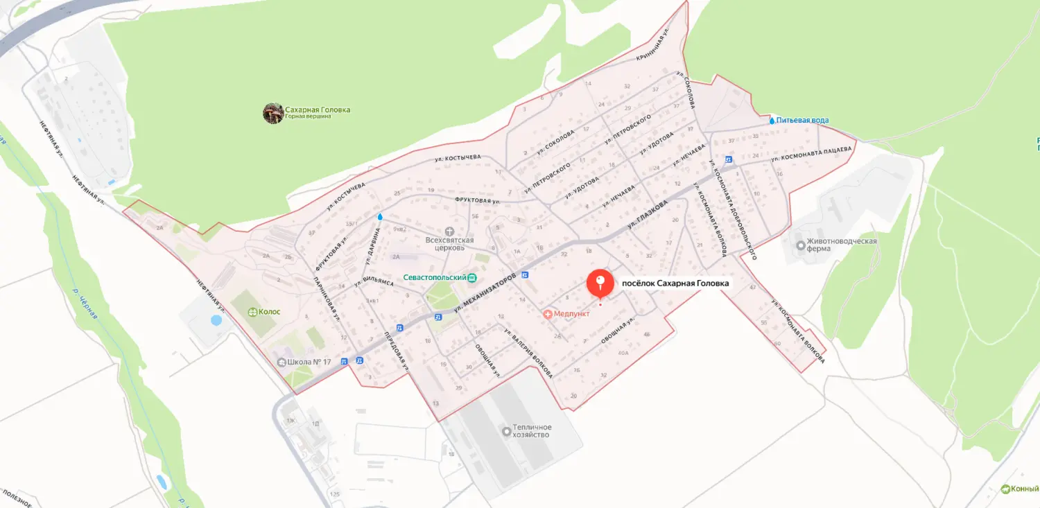 Скриншот картографического сервиса с видом на территорию поселка Сахарная Головка и окружающей местности в Севастополе