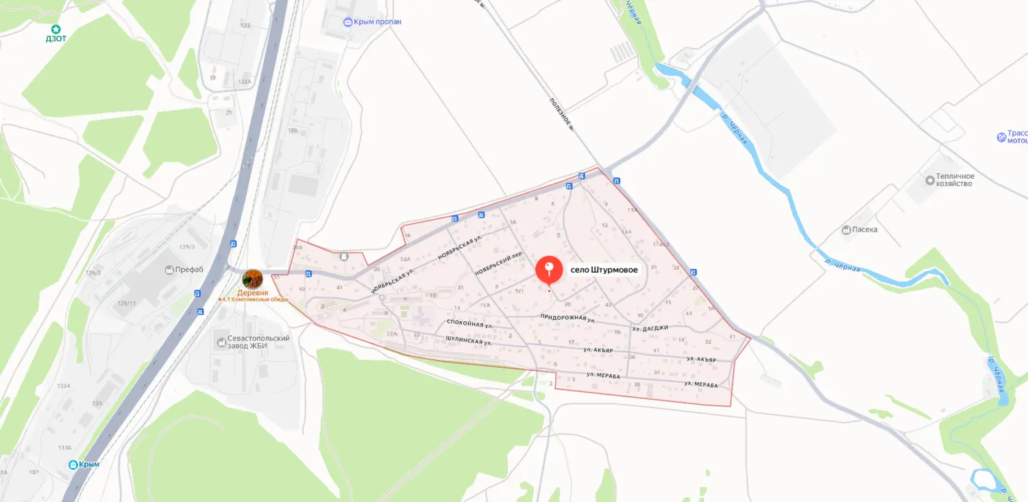 Скриншот картографического сервиса с видом на территорию села Штурмовое и окружающей местности в Севастополе