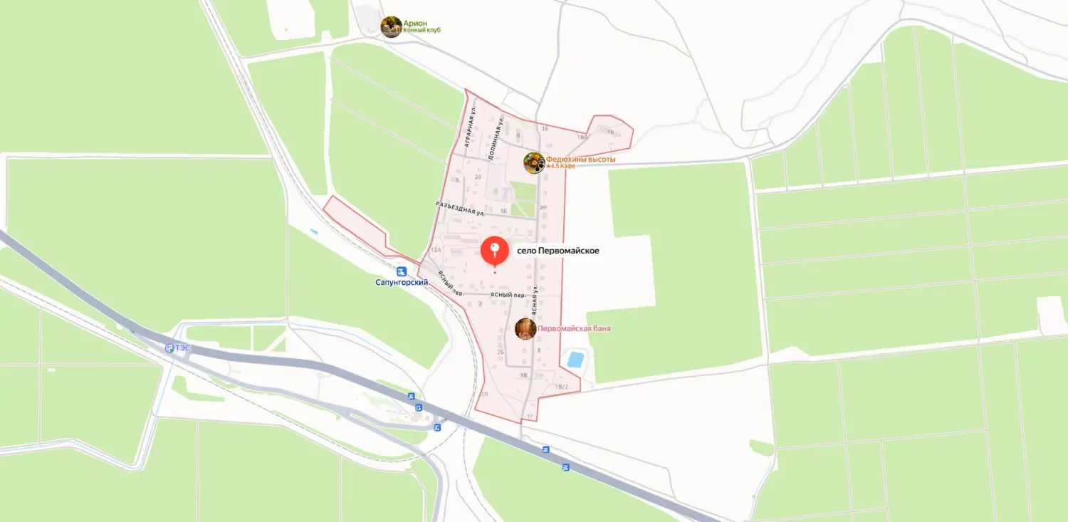 Скриншот картографического сервиса с видом на территорию села Первомайское и окружающей местности в Севастополе