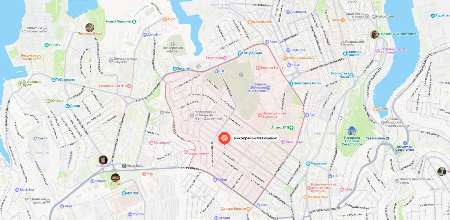 Карта-схема расположения микрорайона Матюшенко в Ленинском районе Севастополя.