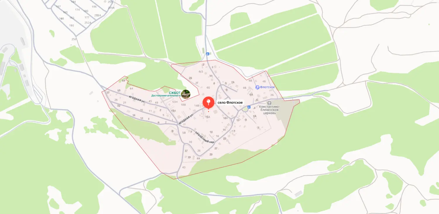 Скриншот картографического сервиса с видом на территорию села Флотское и окружающей местности в Севастополе