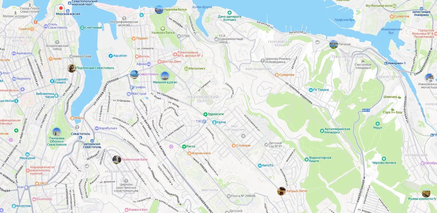 Скриншот картографического сервиса с видом на территорию микрорайона Корабельная сторона в Севастополе