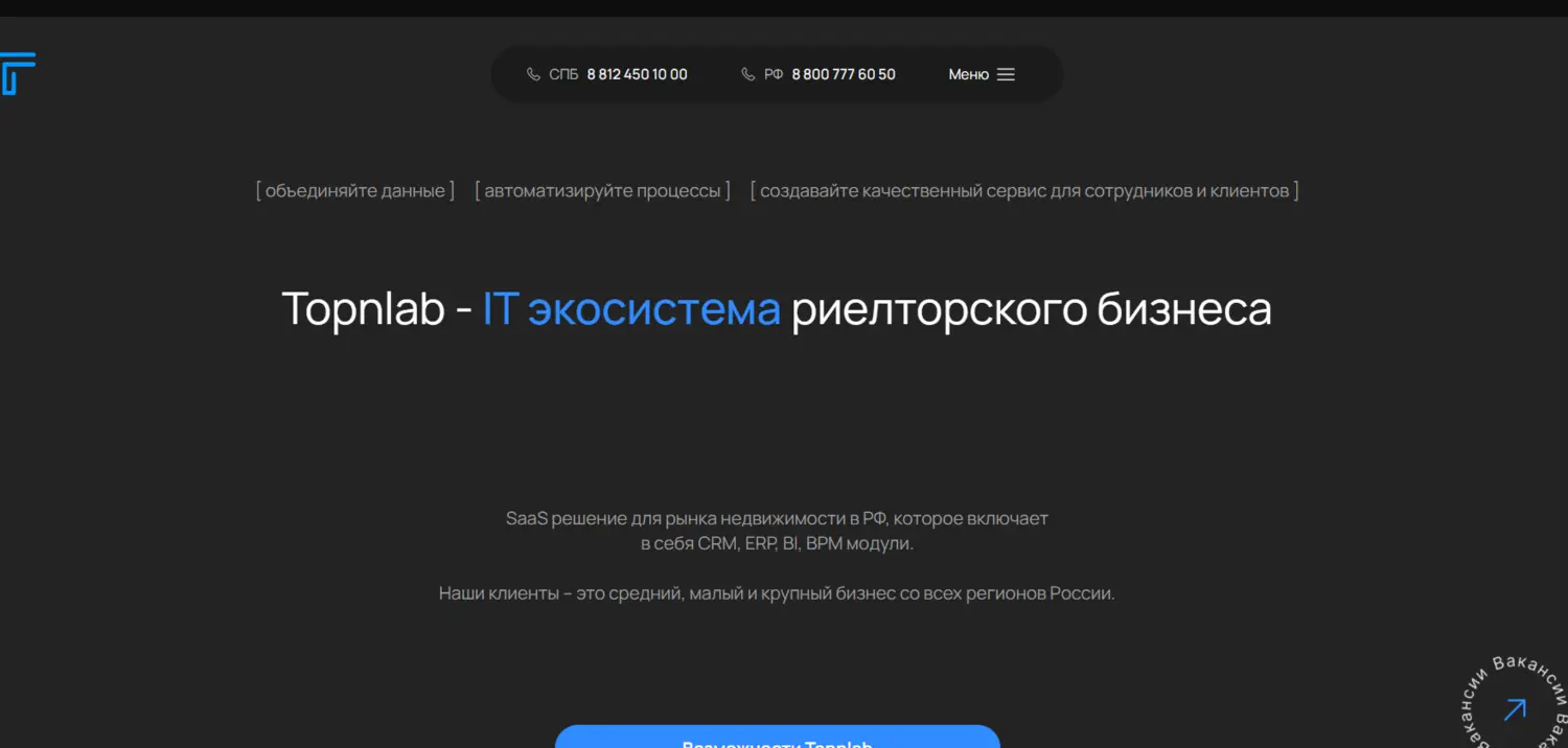Интерфейс IT-экосистемы TOPNLAB: CRM, ERP, BI и национальная MLS-платформа для агентств недвижимости